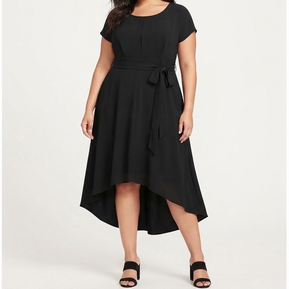 Lane Bryant Black Lena Midi Dress Size 20 Hi-Low Tie Waist Pockets LBD